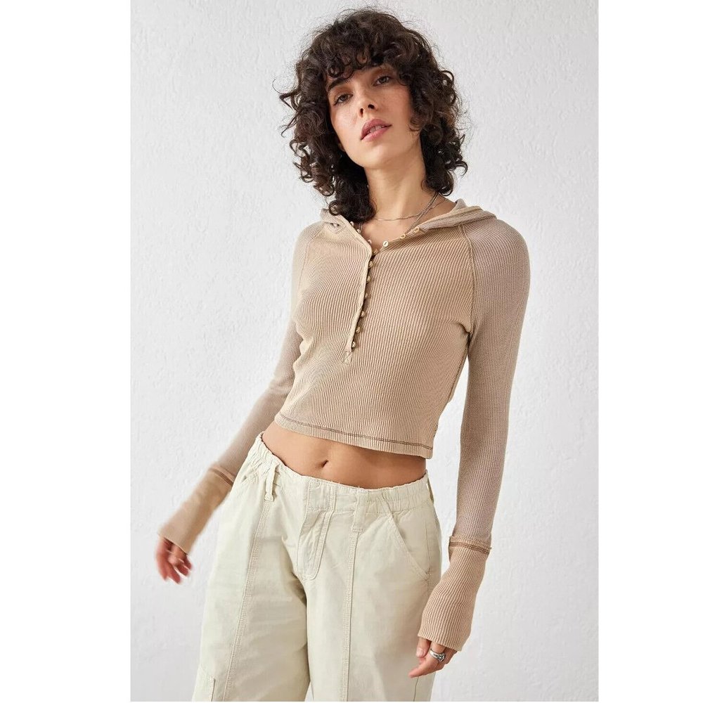 BDG Urban Outfitters Long Sleeved Hooded Henley Blouse Taupe Top S